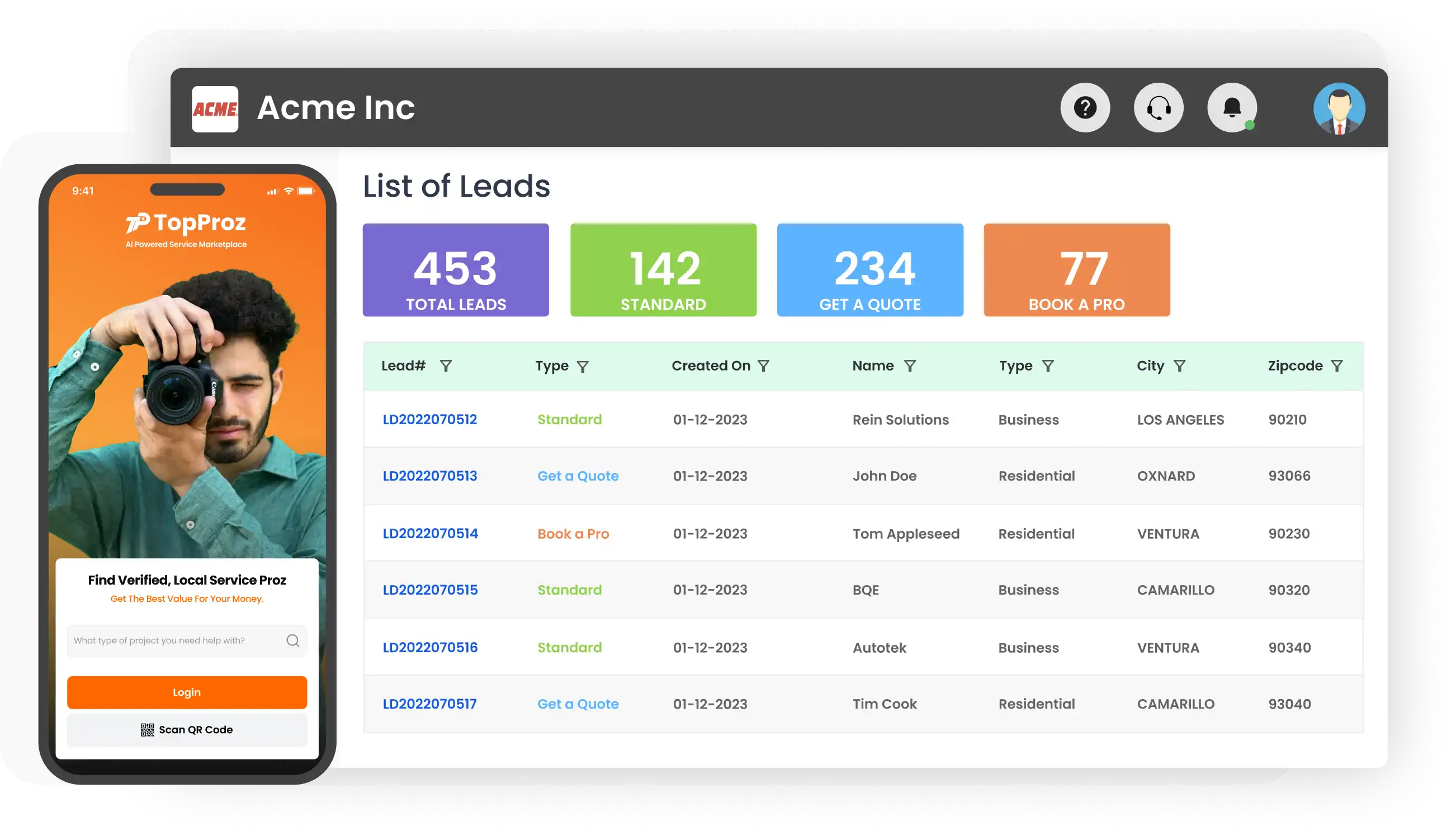 The TopProz pro dashboard showing a list of leads, alongside the mobile app