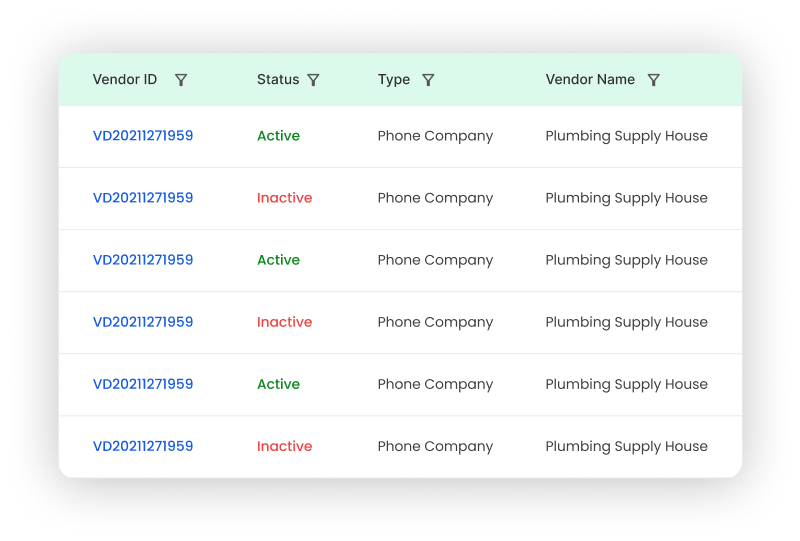 Manage List of Vendors